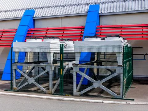 Several external units of a powerful cooling system Stock Photos