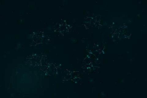Several floating teal particle clusters glow softly within a cosmic digital.. Stock Illustration