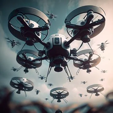 Several flying drones view from the ground Stock Illustration