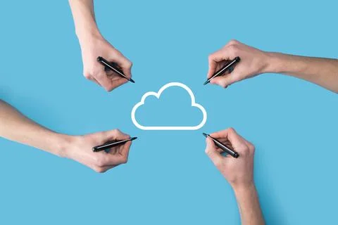 Several, four hands draw cloud icon.Cloud computing concept - connect smart p 스톡 사진