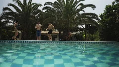 Several friends gathering at the edge of a pool to jump in the day with palm Stock Footage 170016786