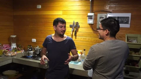 Several friends having drinks in the kitchen and looking at the camera talking a Stock Footage 199499013