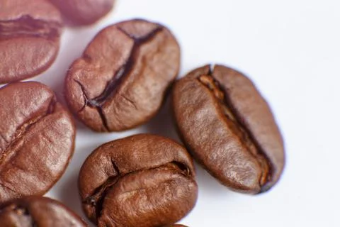 Several grains of roasted coffee on a white background. macro. photographed Stock Photos