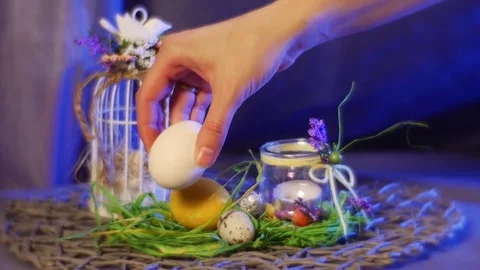Several Hen Eggs Are Put on an Easter Table, Covered With a Top Agg Cage, a Stock Footage 72873273