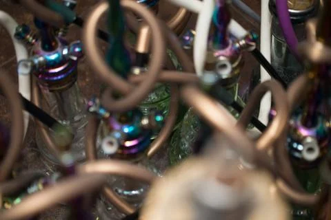 Several Hookahs Lined Up In A Cafe Bar Stock Photos