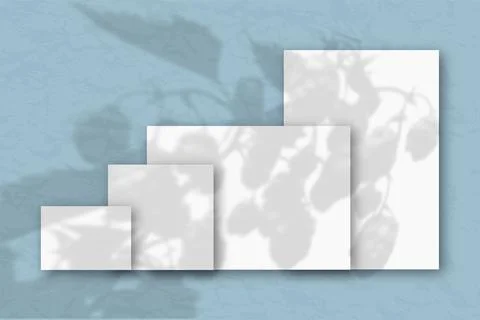 Several horizontal and vertical sheets of white textured paper against a blue Stock-Illustration