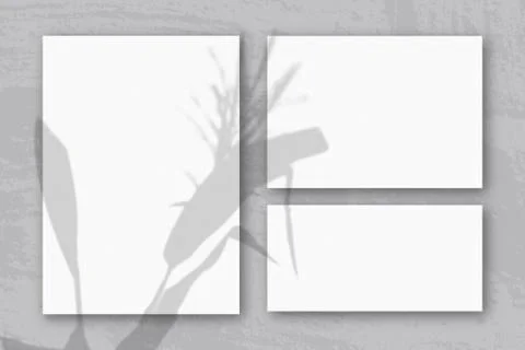 Several horizontal and vertical sheets of white textured paper against a gray Stock Photos