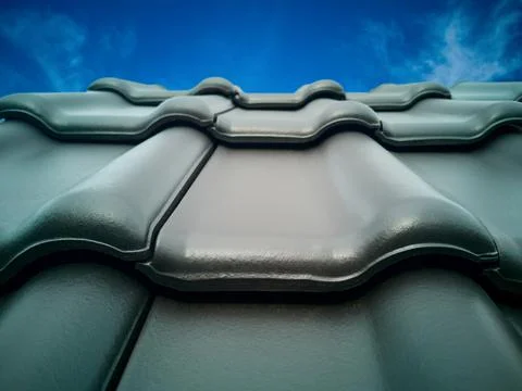 Several horizontal rows new anthracite clay tiles for sale,blue sky,copy space Foto stock