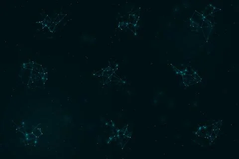 Several isolated geometric clusters of luminous points float across a dark .. Stock Illustration
