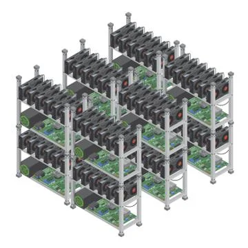 Several isometric vector crypto currency mining farms concept with graphic video 스톡 일러스트