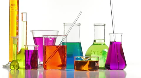 Several laboratory bottles of different shapes and colors Stock Footage 64292366