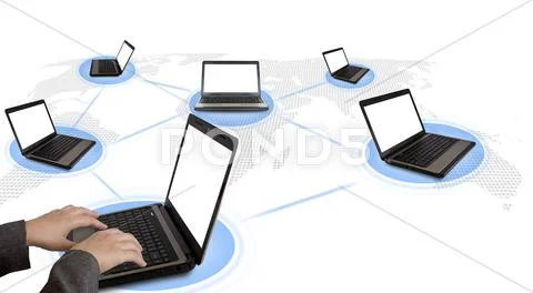 Several laptop computers connected in a social network Stock Illustration