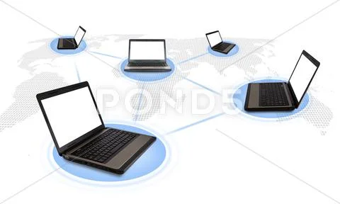 Several laptop computers connected in a social network Stock Illustration