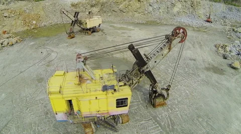 Several large excavators for work in a quarry. Aerial Stock Footage 49824877