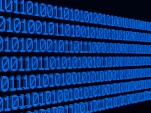 Several lines of binary code, blue zeros and ones against a black background, Stock Illustration