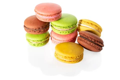 Several macaroons isolated on white background, close view Stock Photos