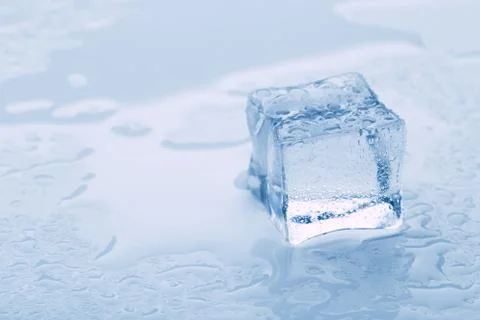 Several melted ice cubes with drops on a light background with blue tinting Stockfoto's