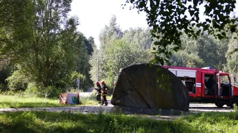 Several men in the form of fire extinguish a fire. Trash burns in city Park in s Stock Footage 84914037