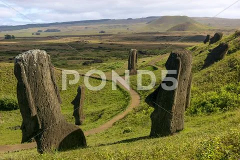 Several moai at Rano Raraku on Easter Island Stock Photos