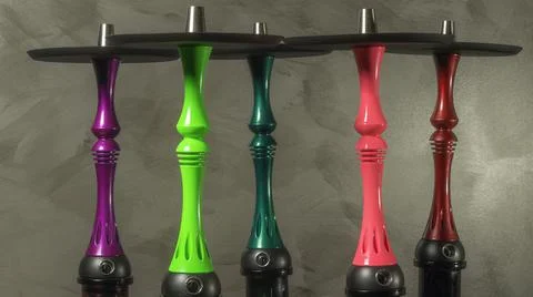 Several new modern multi-colored Hookah water pipes on grey background. Hooka Stock Photos