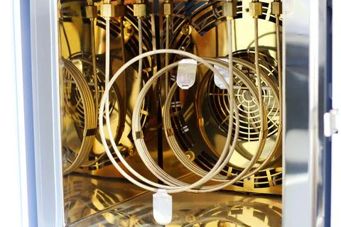 Several nozzle columns are installed in the gas chromatograph. equipment for Stock Photos