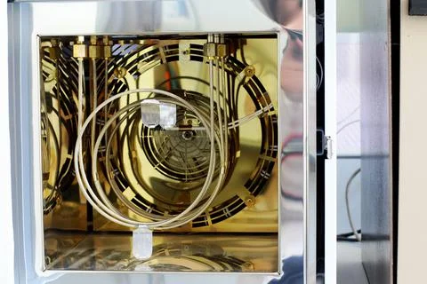Several nozzle columns are installed in the gas chromatograph. equipment for Fotos de archivo
