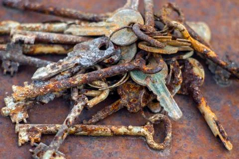 Several old rusty keys on ring shot on steel textured background Stock Photos