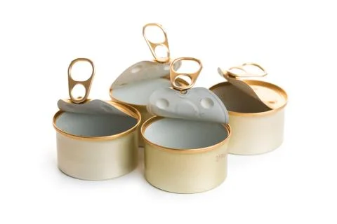 Several open empty tin cans on a white background Stock Photos