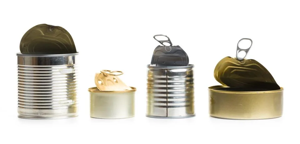 Several open empty tin cans on a white background Stock Photos