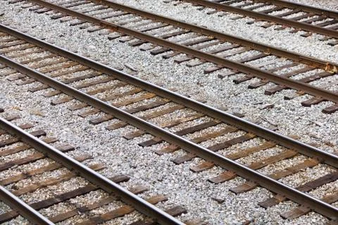 Several Parallel Railroad Train Tracks In A Rail Yard Stock Photos