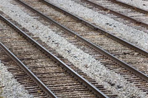 Several Parallel Railroad Train Tracks In A Rail Yard Stock Photos