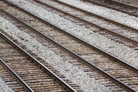 Several Parallel Railroad Train Tracks In A Rail Yard Stock Photos