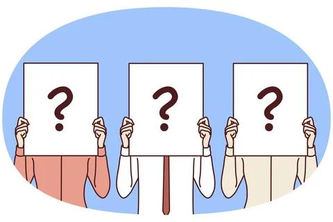 Several people stand side by side and cover faces with paper with question mark Stock Illustration
