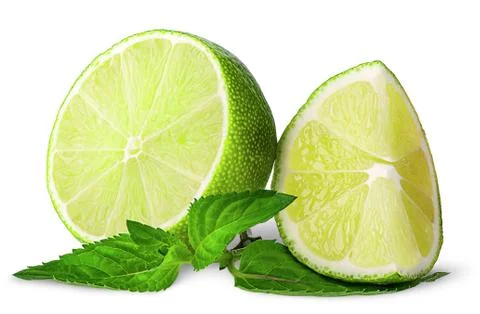 Several pieces of lime with mint Stock Photos
