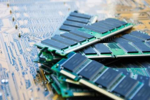 Several pieces of strips of memory modules. Ddr and sdram storage. Computer Stock Photos