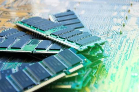 Several pieces of strips of memory modules. Ddr and sdram storage. Computer t Stock Photos