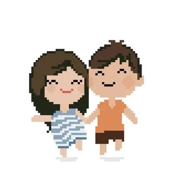 Several pixels holding hands. happy men and women. cross stitch pattern Stock Illustration