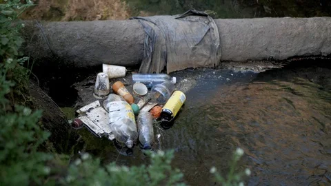 Several plastic bottles and a can stopped by a log in a flowing river Stock Footage 107555941