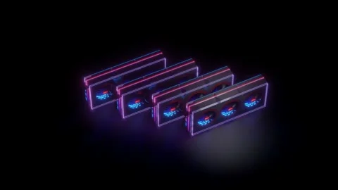 Several powerful modern video cards with backlit rotating coolers on a black bac Stock Footage 155565751