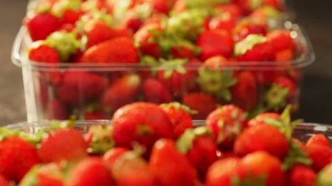 From several prepackaged boxes with strawberries, the customer takes one. Stock Footage 276872738