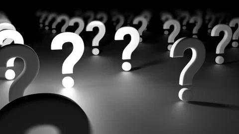 Several question marks represent the questioning of an audience. 3D rendering Stock Illustration