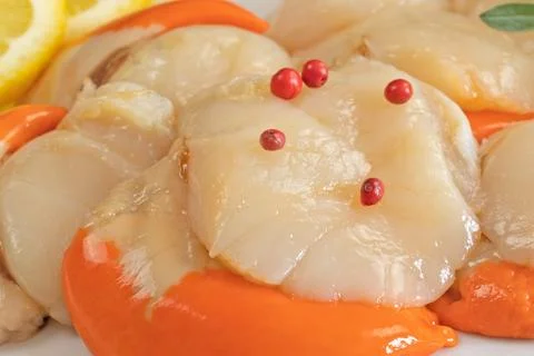 Several raw scallops on a plate Foto stock