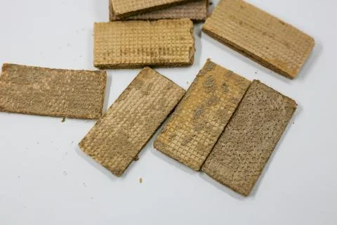 Several rectangular brown crackers scattered across a white surface Fotos Stock