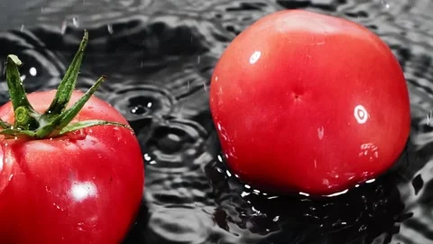 A several red tomatoes are falling on the water reflection surface Stock Footage 147381045