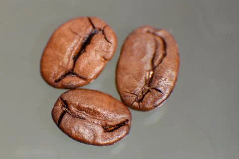 Several roasted coffee beans lie on a coffee bean photo. Horizontal photo. Stock Photos