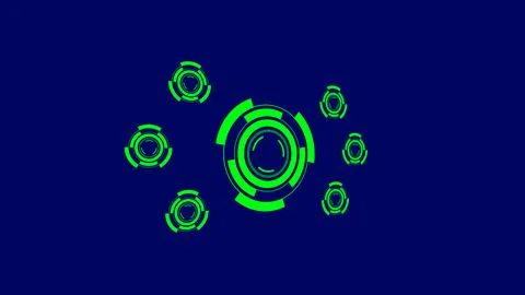 Several rotating green digital circles against a dark blue background, form.. Stock Illustration