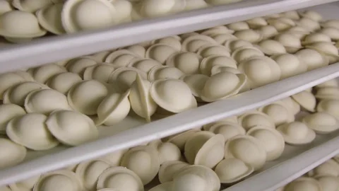 Several rows of dumplings close-up, the camera moves from bottom to top Stock Footage 75254692