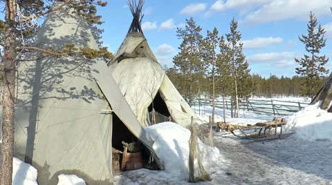 Several of the Sami tents in the winter forest. Video stock 67581088