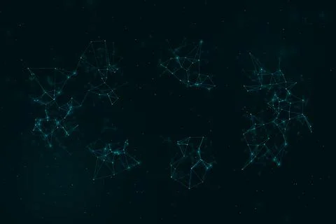 Several separated blue clusters of fine network lines float in deep darknes.. Stock Illustration