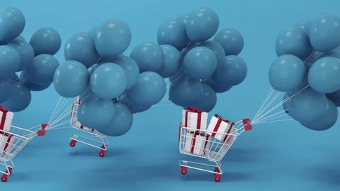 Several shopping carts full of gift boxes float upwards with blue balloons .. Stock Footage 332315757